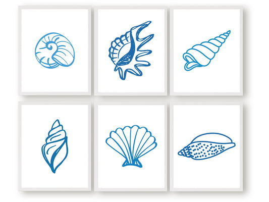 Blue Seashell Coastal Prints - Set of 6