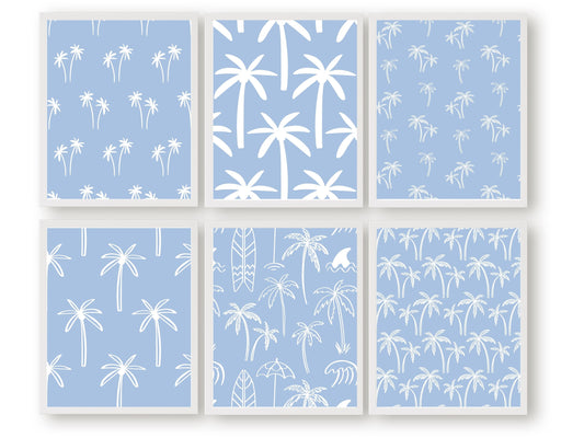 Set of 6 Palm Tree Prints featuring minimalist blue palm trees, ideal for your beach house or kids coastal room wall decor. Our charming prints also make a thoughtful and unique beachy baby shower gift, adding a serene coastal touch to any space.