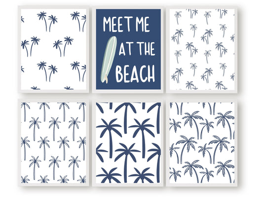 Set of 6 Surfboard Palm Tree Prints featuring minimalist navy blue beachy designs and quote meet me at the beach. Ideal for your beach house or surfing room wall decor.