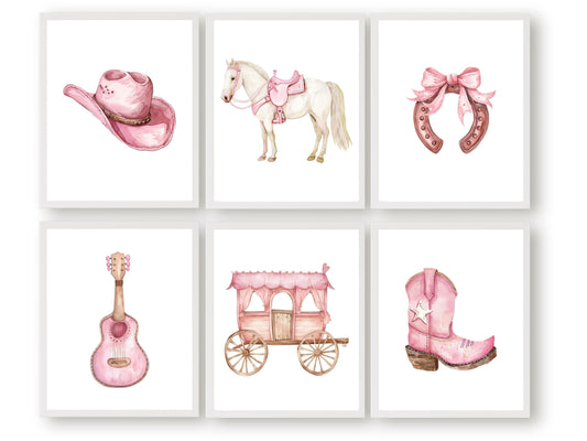 Set of 6 Cowgirl Nursery Prints, showcasing watercolour cowgirl essentials in soft pink and brown hues.