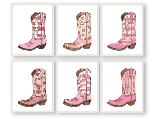 Set of 6 Cowgirl Boot Prints, showcasing cowgirl boots with vibrant designs in pink and brown hues.