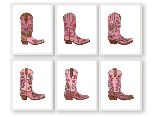 Infuse your home with western flair using our Set of 6 Cowgirl Boot Prints, showcasing cowgirl boots with vibrant floral designs in pink and brown hues.