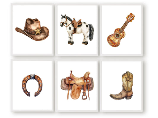  Set of 6 Cowboy Nursery Prints, showcasing horse riding essentials in neutral brown hues. 