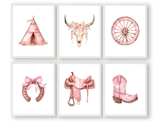 Set of 6 Western Nursery Prints, showcasing watercolour cowgirl and western essentials in soft pink and brown hues.