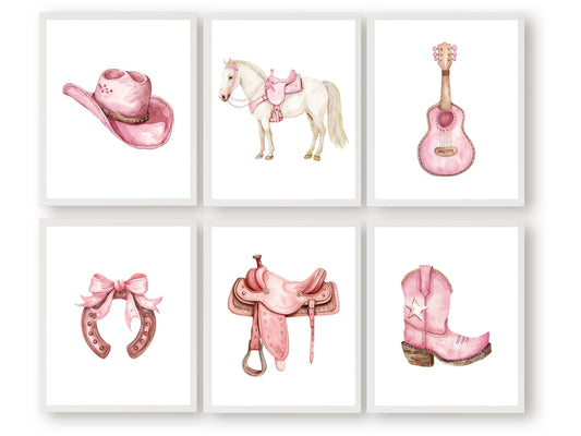 Set of 6 Cowgirl Nursery Prints, showcasing watercolour cowgirl essentials in soft pink and brown hues.