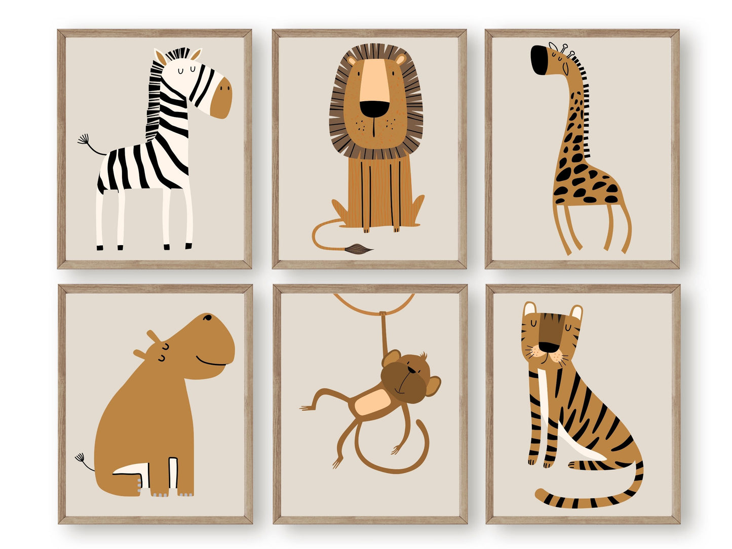 These boho safari animal nursery prints with jungle animals zebra, lion, giraffe, hippo, monkey and tiger is set on a beige background and perfect for your jungle nursery decor or as a gender neutral baby shower gift.