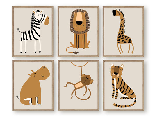 These boho safari animal nursery prints with jungle animals zebra, lion, giraffe, hippo, monkey and tiger is set on a beige background and perfect for your jungle nursery decor or as a gender neutral baby shower gift.