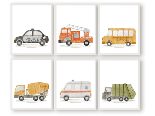 Elevate your little one's nursery decor with our charming Transport Nursery Prints Set of 6. Our watercolour illustrations showcase a fire engine, police car, ambulance, garbage truck, cement truck, and school bus. Whether you're decorating a transport themed nursery or searching for a thoughtful boys baby shower gift, this set is sure to delight with its playful and educational appeal.