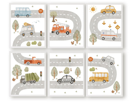 Rev up the excitement in your nursery with our Transport Vehicle Map Nursery Prints, where vehicles and woodland animals unite to create a playful and enchanting atmosphere.