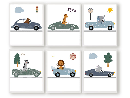 Transform your transport nursery decor with our charming Animals Driving Cars Nursery Prints, showcasing safari animals driving cars amidst woodland and traffic motifs. 