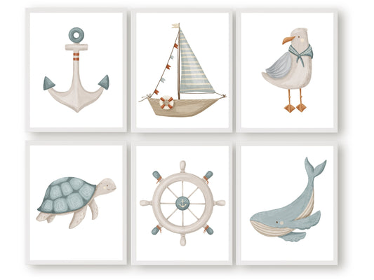 Our Sea Life Nursery Prints Set of 6 featuring duck egg blue watercolour ocean elements, will spark their imagination and is the perfect addition to your nautical nursery decor or ocean theme nursery.