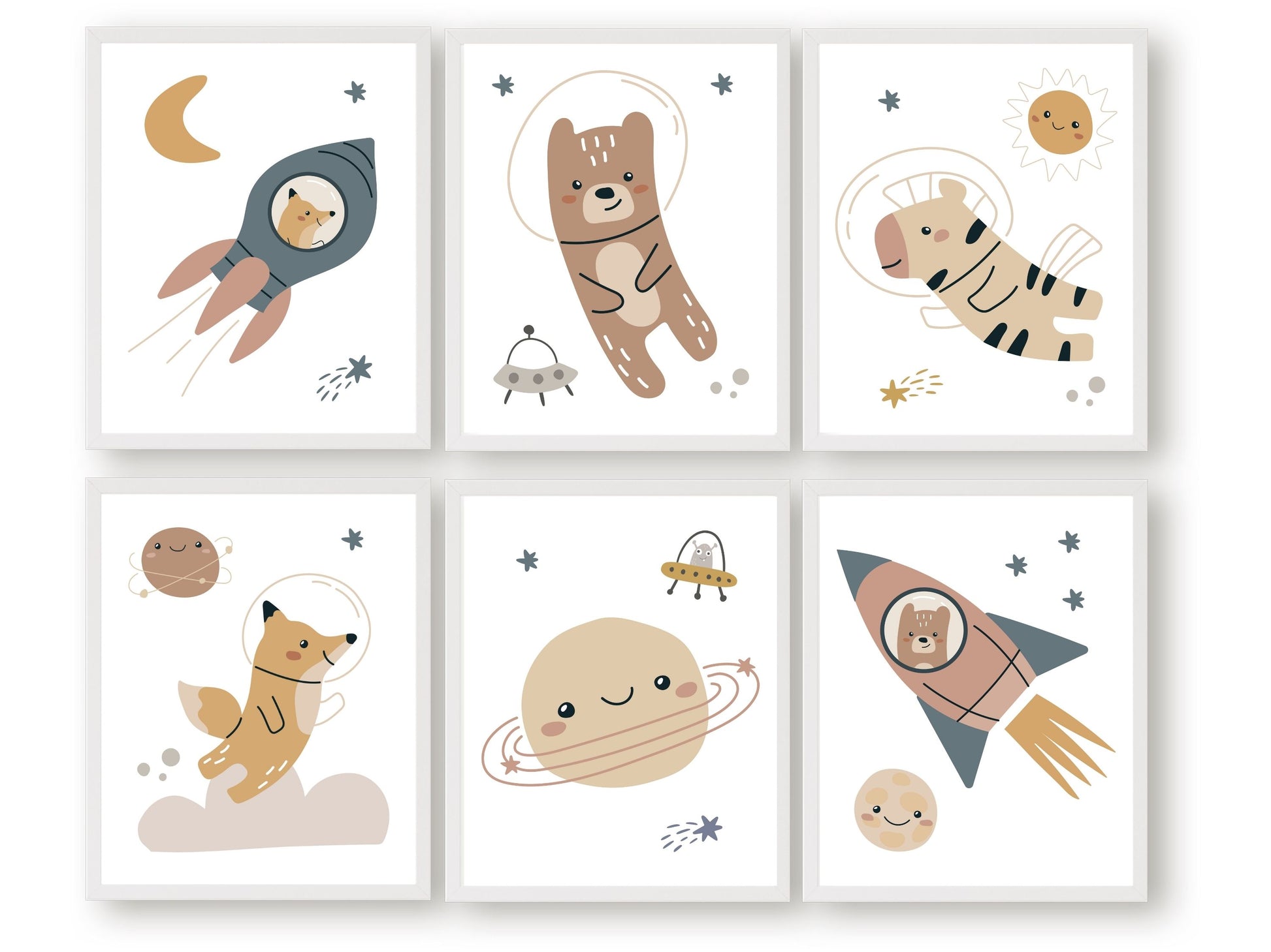 Transform your baby's nursery decor into a realm of cosmic wonder with our enchanting Set of 6 Outer Space Boho Nursery Prints featuring animal astronauts, moon, planets, stars, and spaceships, igniting creativity and fostering boundless imagination in your little one.