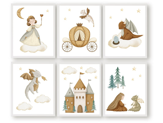 Let your child's imagination take flight into a whimsical world of enchantment with our delightful Set of 6 Fairytale Princess Nursery Prints. Featuring charming illustrations of princesses, dragons, a castle and star studded moonlit sky. 