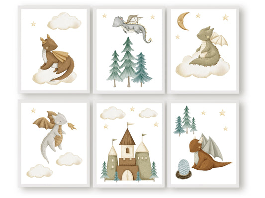 Our Dragon Nursery Prints Set of 6 featuring watercolour baby dragons, will spark their imagination and create a calm and cosy atmosphere. It's perfect for your dragon nursery decor or fantasy theme nursery and also makes a gorgeous dragon baby shower gift.