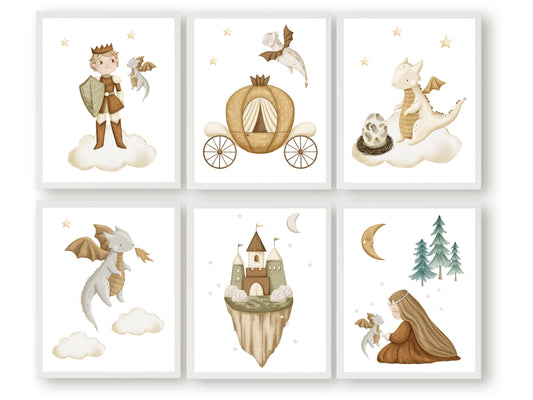 Let your child's imagination take flight into a whimsical world of enchantment with our delightful Set of 6 Neutral Fairytale Nursery Prints. Featuring charming illustrations of a prince and princess, dragons, princess carriage and a castle surrounded by a star studded moonlit sky.