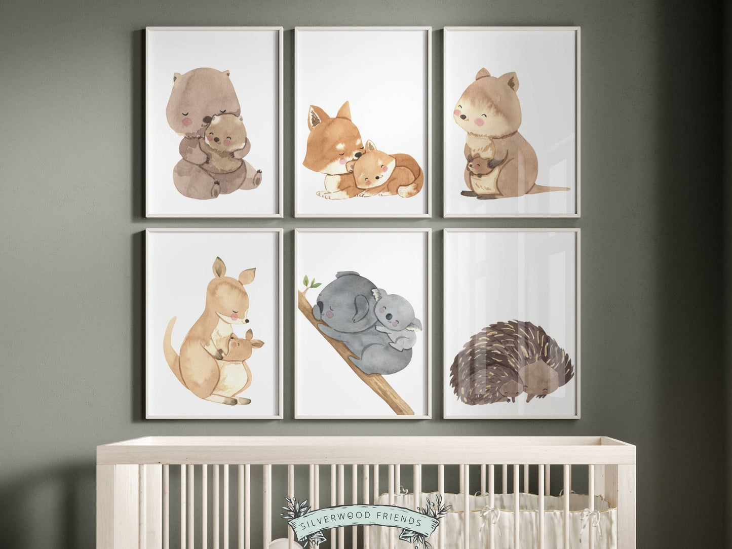 Bring a little bit of the Australian wilderness into your home with our Set of 6 Australian Animal Mother and Baby Nursery Prints featuring a cute and cuddly watercolour Aussie animal mother and baby - featuring the Kangaroo, Koala, Wombat, Quokka, Fox and Echidna.