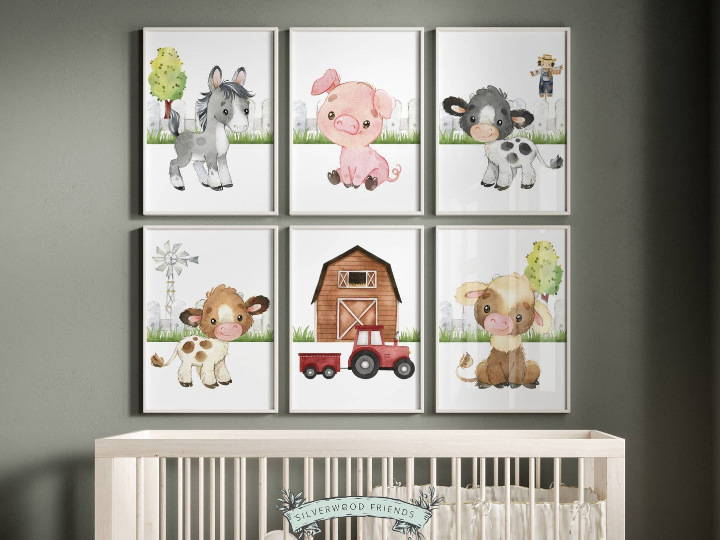 Our Baby Farm Nursery Prints features adorable watercolour farm animals, barnyard and tractor and is perfect for your farm nursery decor or as a unique farm baby shower gift.