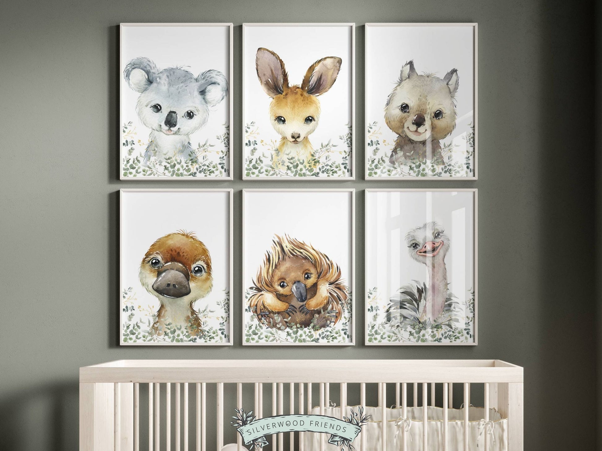 Bring a little bit of the Australian wilderness into your home with our Set of 6 Australian Animals and Eucalyptus Nursery Prints featuring a cute and cuddly watercolour Aussie animal - Baby Kangaroo, Koala, Wombat, Platypus, Emu and Echidna surrounded by beautiful Australian eucalyptus branches.