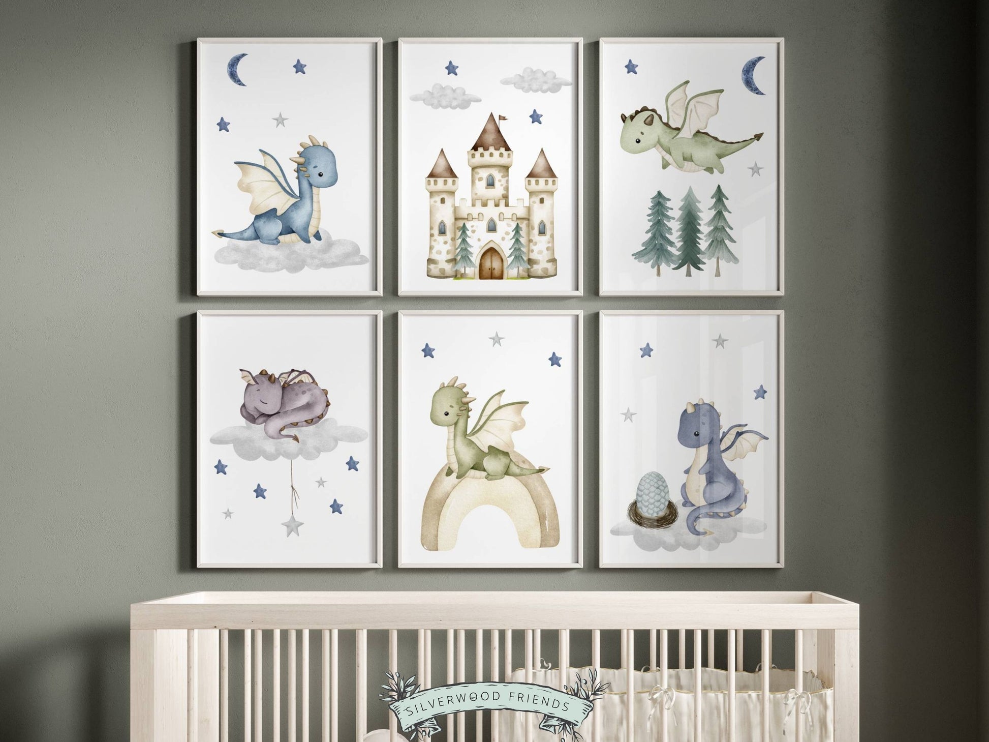 Our Set of 6 Baby Dragon Fantasy Nursery Prints featuring watercolour baby dragons, will spark their imagination and create a calm and cosy atmosphere. It's perfect for your dragon nursery decor or fantasy theme nursery and also makes a thoughtful dragon baby shower gift.