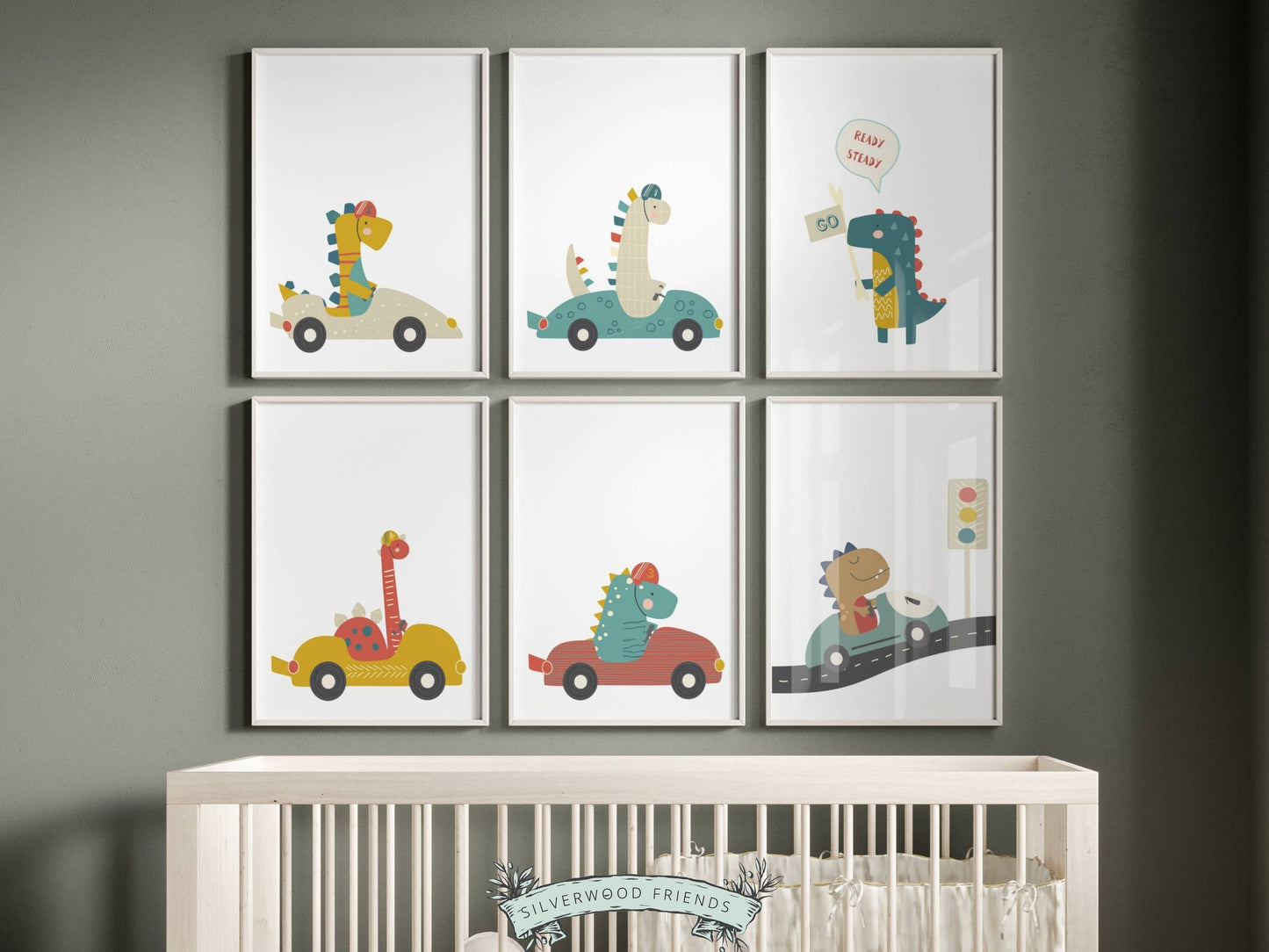 Dinosaurs Driving Cars Nursery Prints