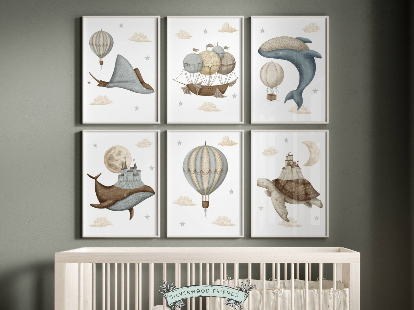 Sea Life Air Balloon Nursery Prints Set of 6