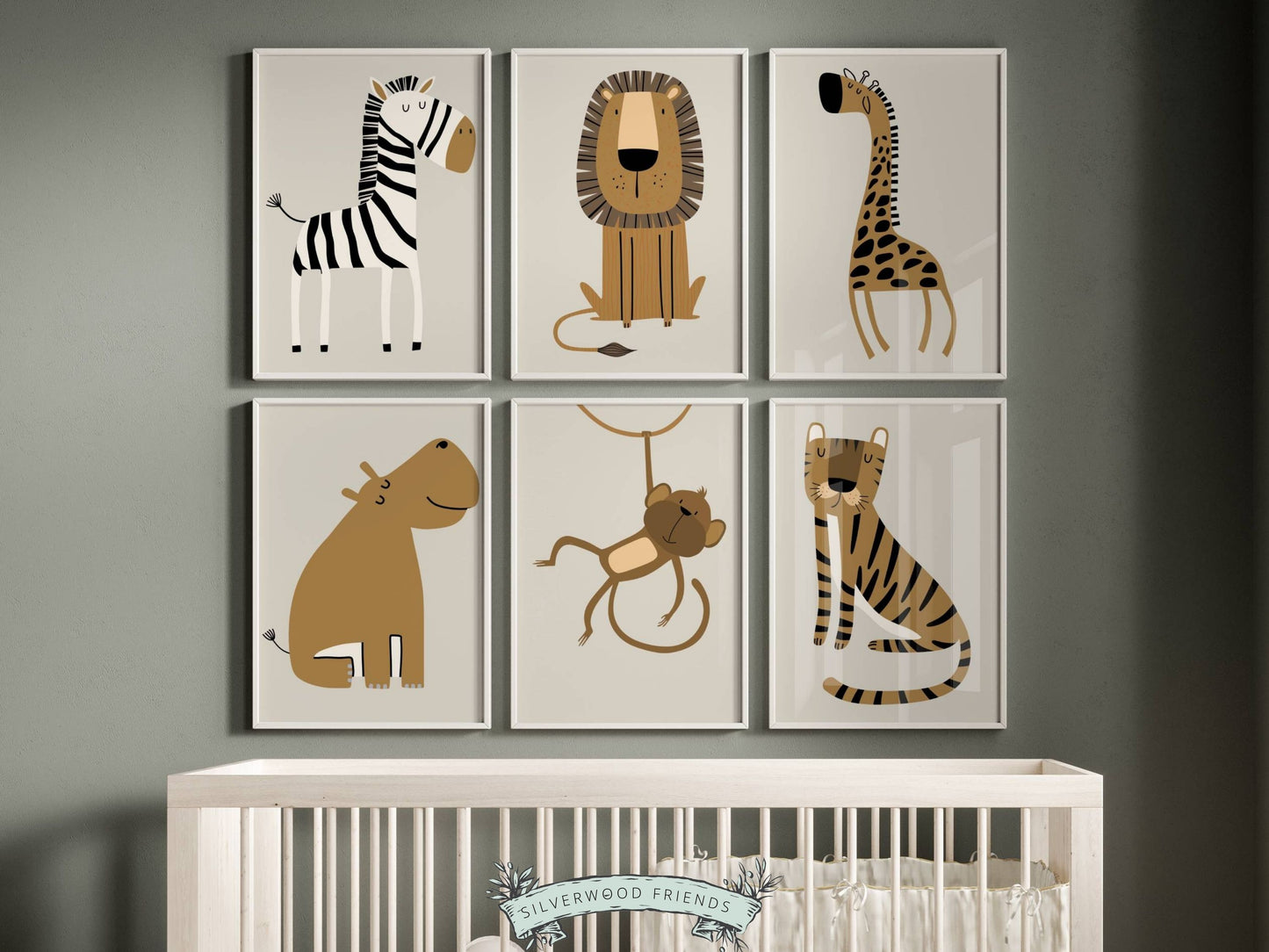 Our Beige Safari Animal Nursery Prints with jungle animals zebra, lion, giraffe, hippo, monkey and tiger is set on a beige background and perfect for your jungle nursery decor or as a gender neutral baby shower gift.