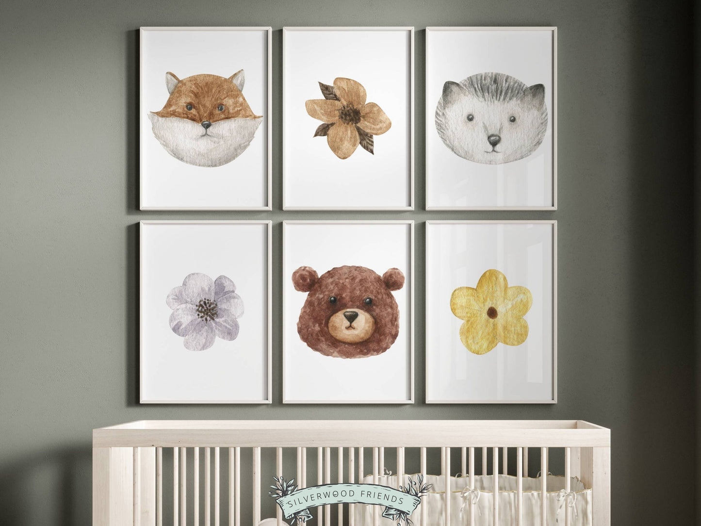 Our watercolour Boho Woodland Nursery Prints featuring woodland animal faces of a fox, wolf and bear with woodland flowers are the perfect addition to your baby's woodland nursery decor or boho baby nursery.