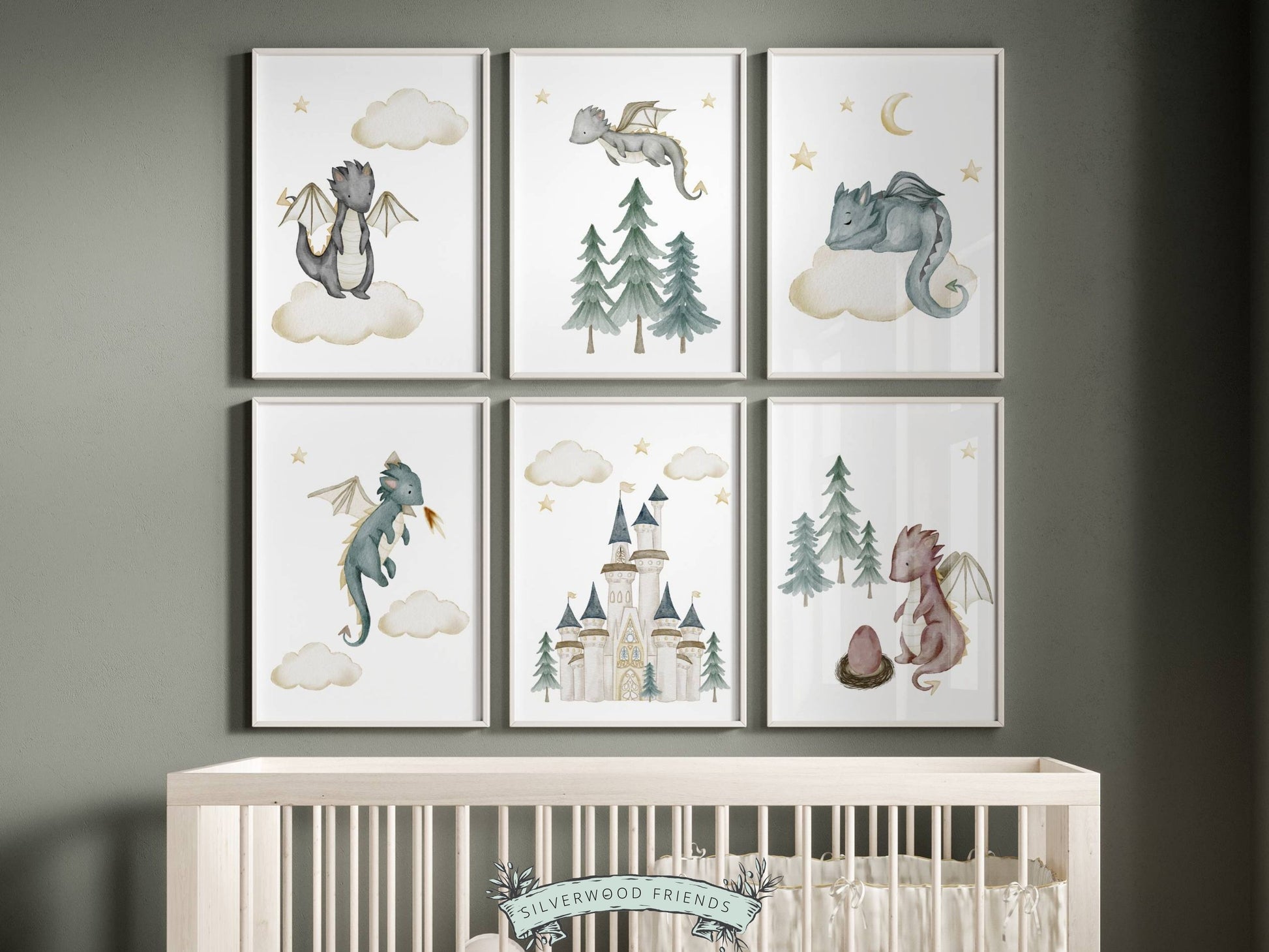 Our Set of 6 Baby Dragon Nursery Prints featuring adorable watercolour baby dragons, will spark their imagination and create a calm and cosy atmosphere and is perfect for your dragon nursery decor.