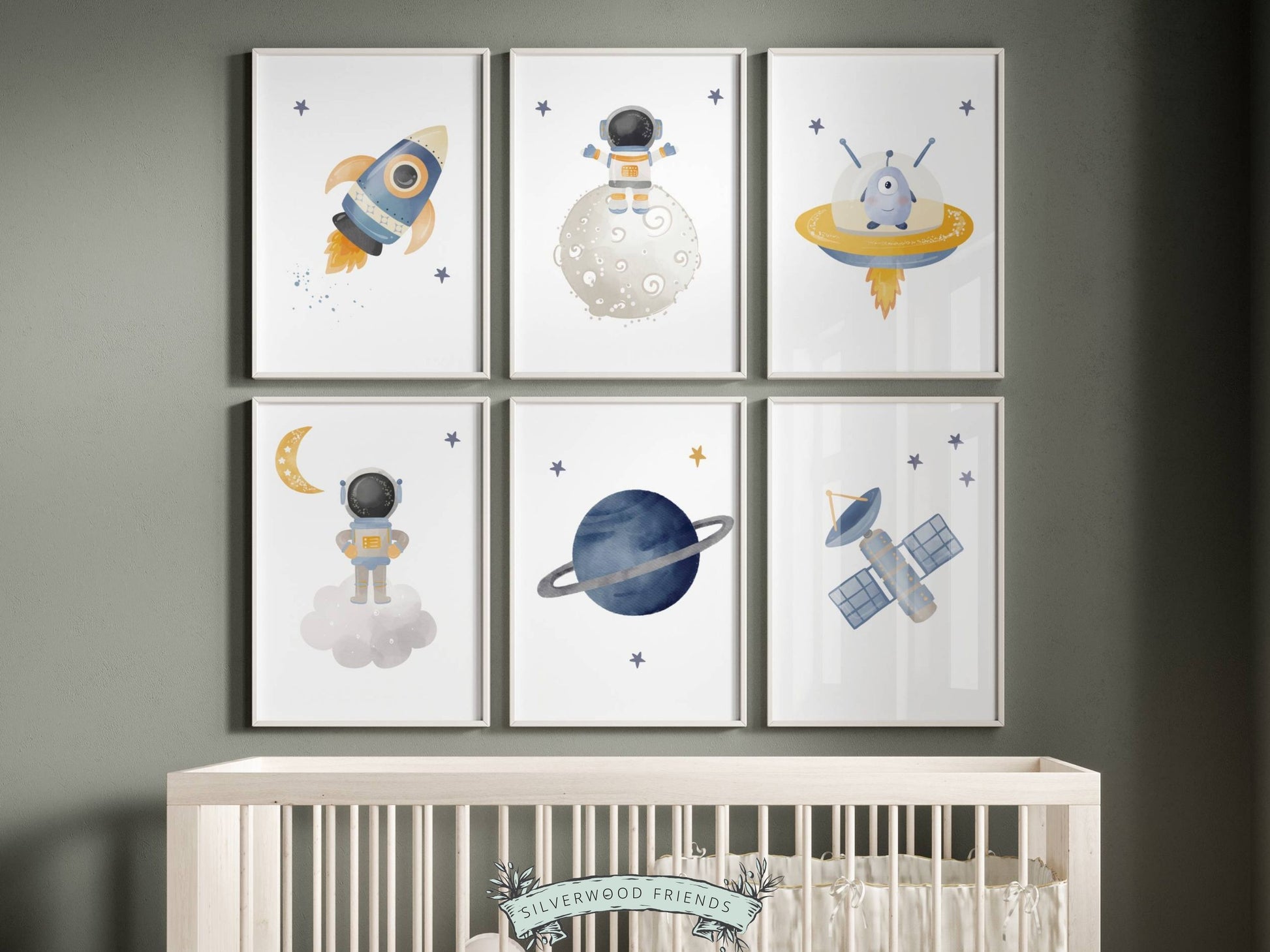 Transform your baby boys nursery decor into a realm of cosmic wonder with our enchanting Set of 6 Baby Boys Outer Space Themed Nursery Prints featuring astronauts, moon, planets, stars, and spaceships, igniting creativity and fostering boundless imagination in your little one.