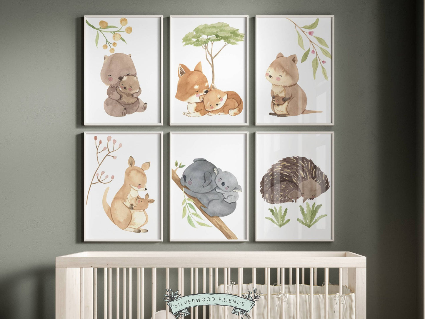 Bring a little bit of the Australian wilderness into your home with this Set of 6 Australian Animal Nursery Prints featuring a cute and cuddly Aussie animal mother and baby - Kangaroo, Koala, Wombat, Quokka, Fox and Echidna surrounded by beautiful watercolour Australian native flowers.