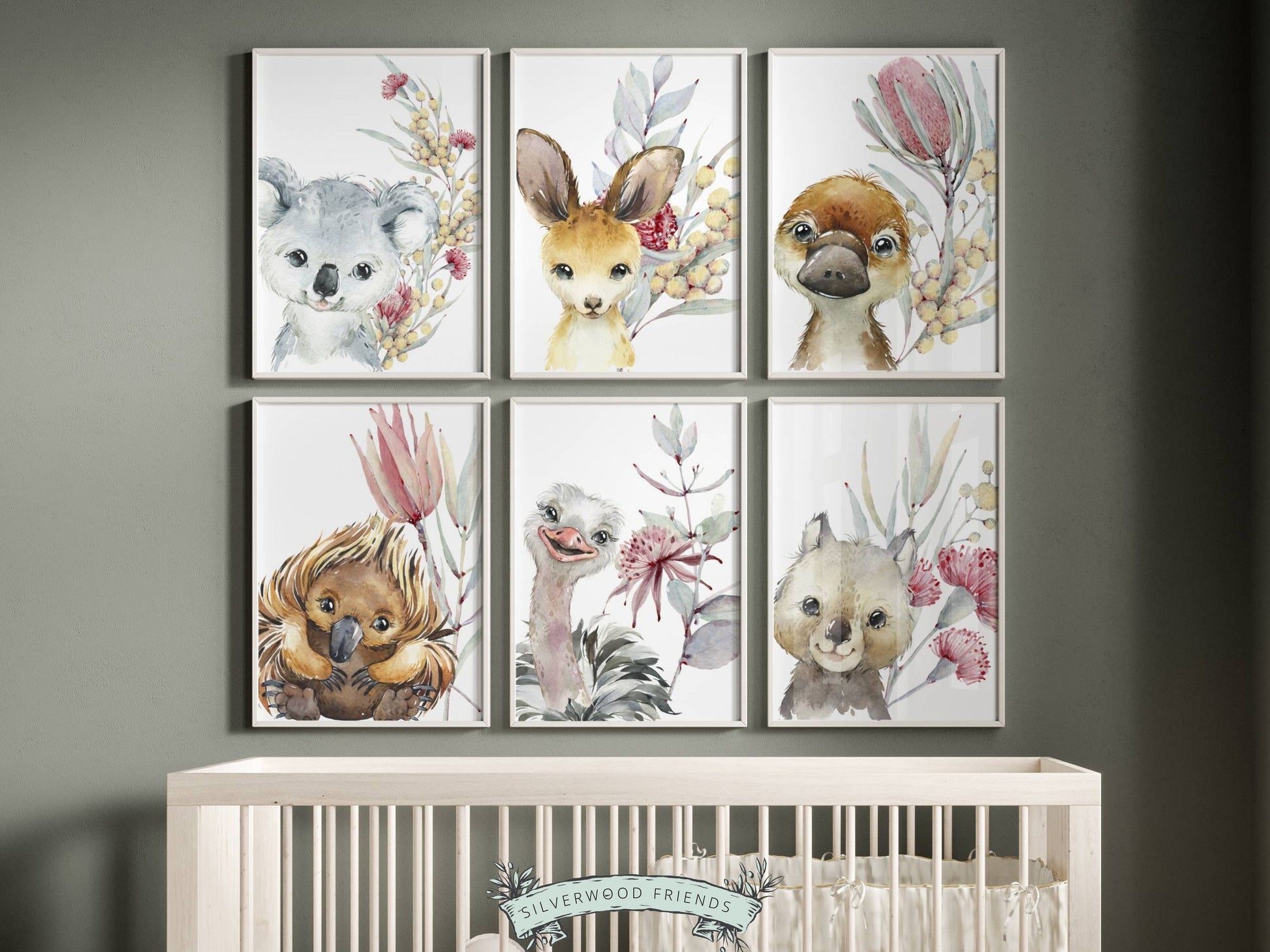 Bring a little bit of the Australian wilderness into your home with this Set of 6 Australian Animal Nursery Prints featuring a cute and cuddly Aussie animal - Baby Kangaroo, Koala, Wombat, Platypus, Emu and Echidna surrounded by beautiful Australian native flowers.