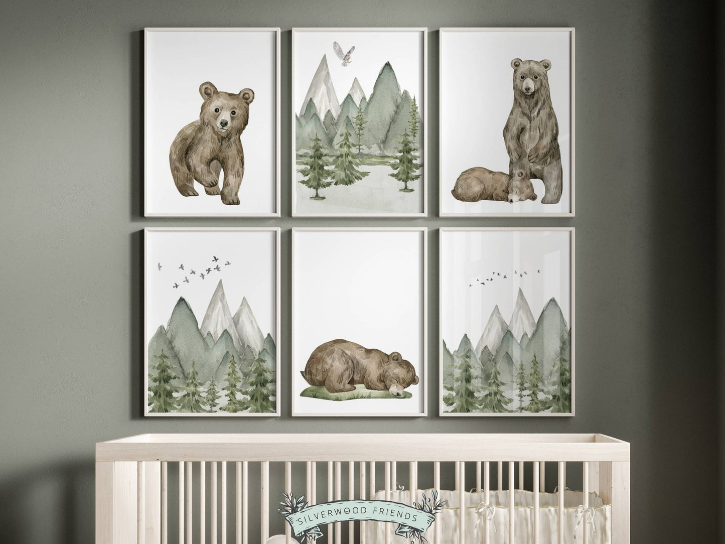 Our cute Baby Bear Nursery Print Set of 6 is part of our BEST SELLING baby bear nursery wall art collection and the perfect addition to your baby's woodland nursery decor or as a unique woodland baby shower gift.