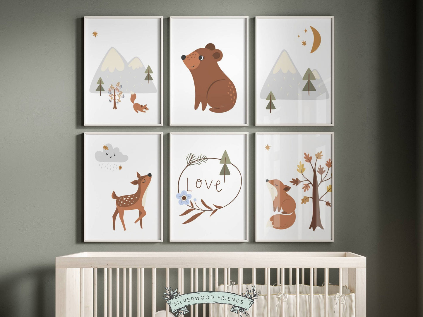 Transform your baby's woodland nursery or boho baby nursery with our charming Boho Woodland Nursery Print Set of 6, showcasing a delightful bear, fox, and deer amidst serene mountains and autumn forest scenery.