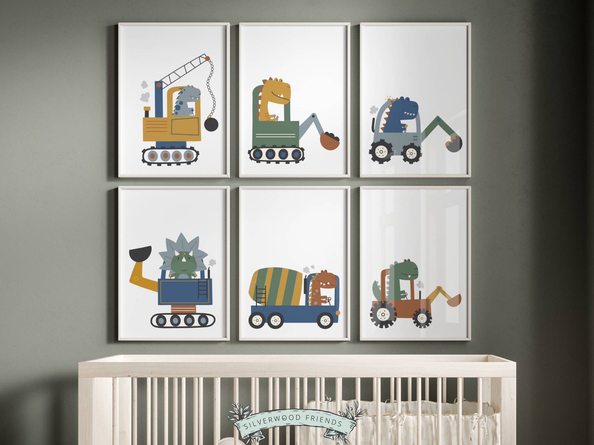 Our delightful Baby Boys Dinosaur Theme Nursery Print Set of 6 features dinosaurs on wheels - the perfect addition to any dinosaur lovers baby boy's nursery decor! Each print showcases a different prehistoric creature driving a different type of digger truck and is perfect for your dinosaur theme nursery or transport theme nursery.