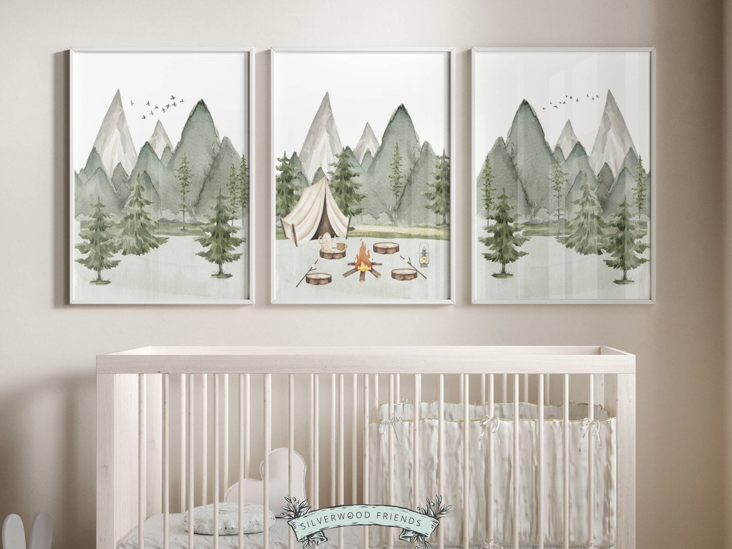 Our Camping Nursery Prints Set of 3 featuring watercolour campsite and forest mountain landscape is the perfect addition to your baby's woodland nursery decor and also makes a lovely woodland baby shower gift.