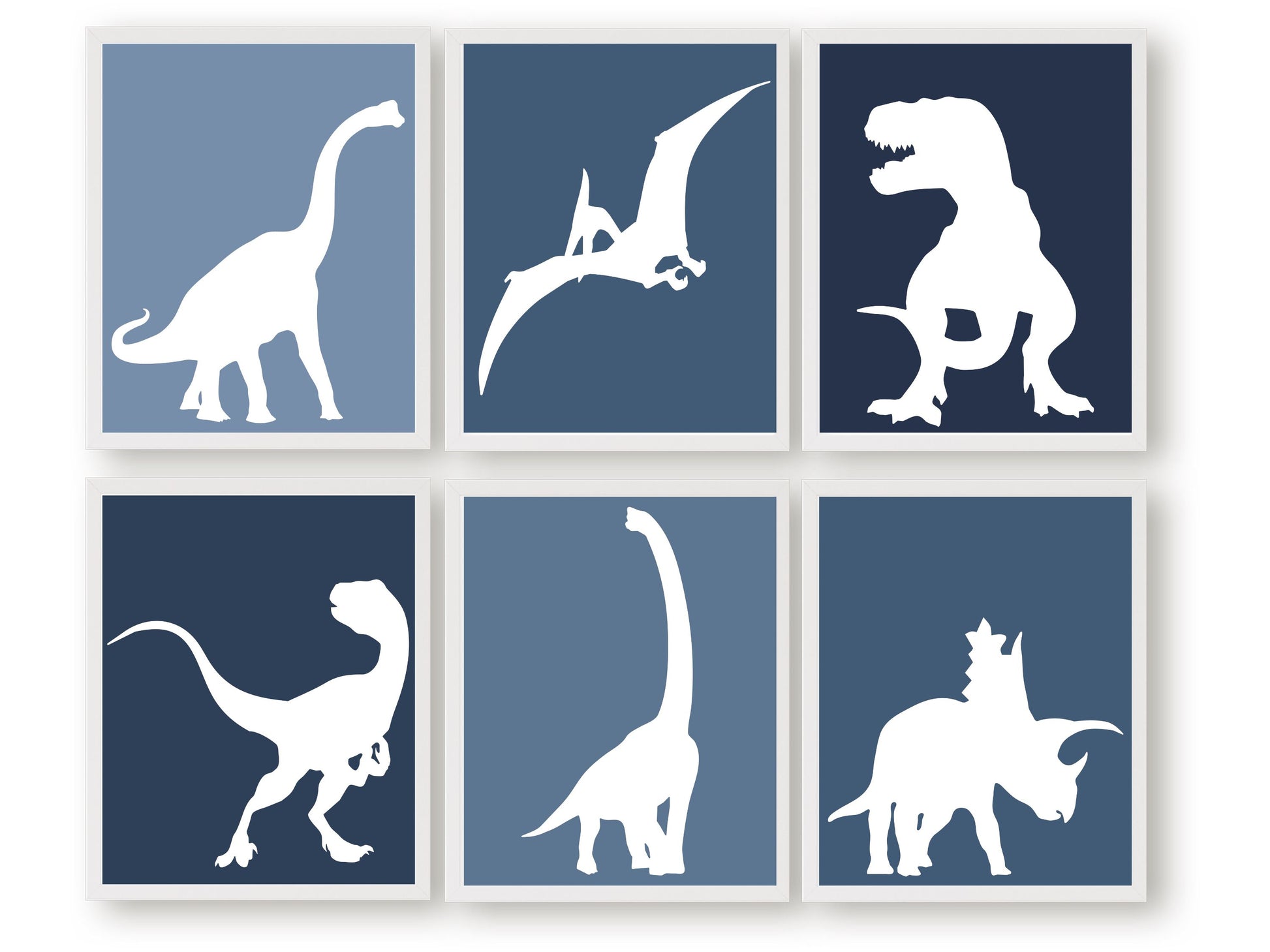 Looking for the perfect addition to your little one's dinosaur theme nursery or playroom? Look no further than our Dinosaur Nursery Prints Set of 6 featuring navy blue dinosaur outlines, including T-Rex, Stegosaurus, Diplodocus, Triceratops and more. It also makes a thoughtful dinosaur baby shower gift.