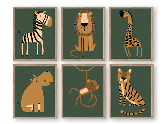 Our boho safari animal nursery prints with jungle animals zebra, lion, giraffe, hippo, monkey and tiger is set on a green background and perfect for your jungle nursery decor and as a safari baby shower gift.