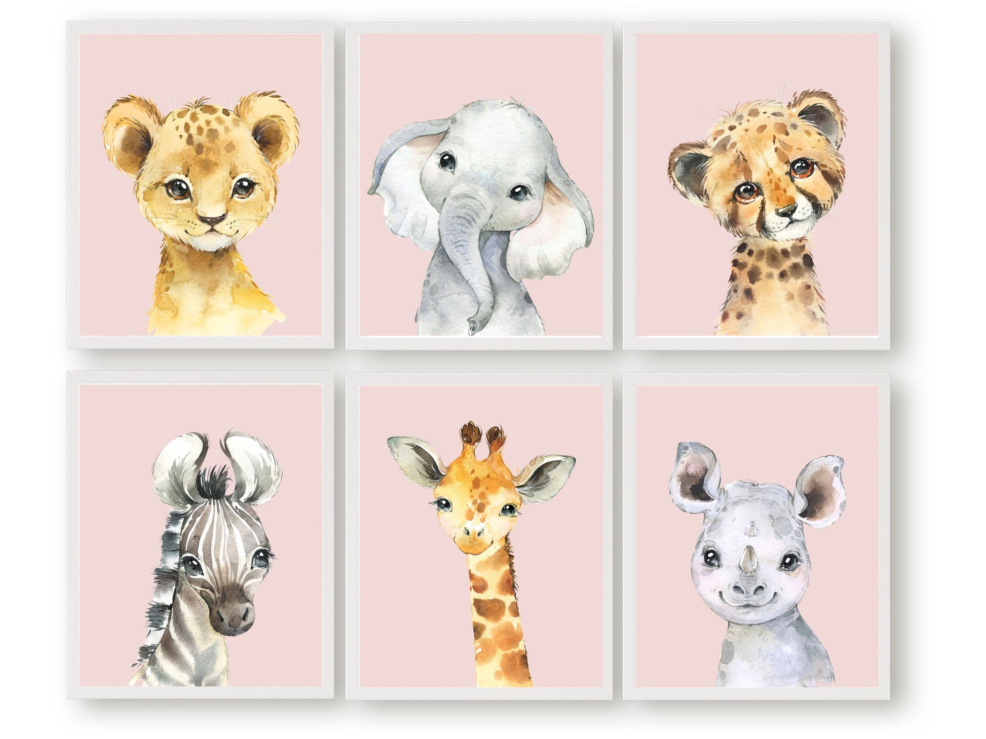 Our gorgeous Pink Safari Jungle Animal Nursery Prints Set of 6 features watercolour safari animals and is set on a pink background. It is perfect for your little girls jungle nursery decor or as a baby girls safari baby shower gift.