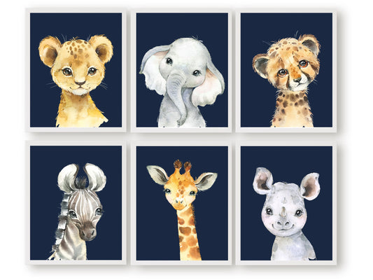 Our Navy Blue Jungle Animal Nursery Prints Set features beautiful watercolour safari animals and is set on a navy blue background. It is perfect for a safari theme nursery, navy blue nursery decor or your little one's jungle nursery decor.