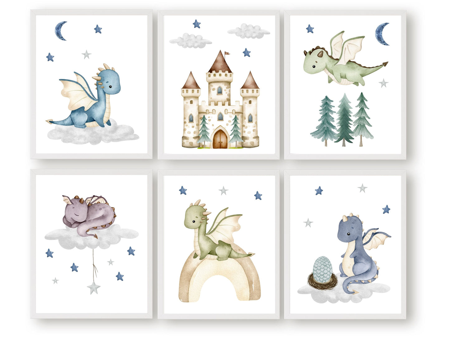 Our Set of 6 Baby Dragon Fantasy Nursery Prints featuring watercolour baby dragons, will spark their imagination and create a calm and cosy atmosphere. It's perfect for your dragon nursery decor or fantasy theme nursery and also makes a thoughtful dragon baby shower gift.