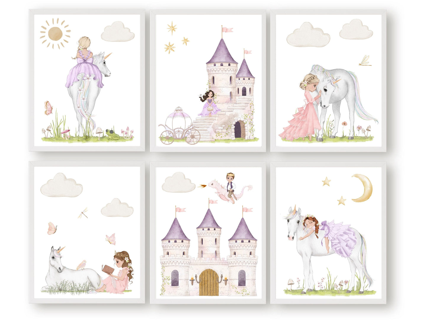 Our Unicorn Nursery Prints Set of 6 features charming illustrations of unicorns, princesses, a magical castle and a prince riding a dragon, surrounded by stars and fluffy clouds. These nursery prints will add a touch of magic and wonder to your baby's girl's nursery and are perfect for your fairytale nursery decor.