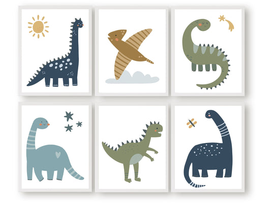 Our Dinosaur Nursery Prints Set of 6 features delightful dinosaurs with celestial elements including the sun and shooting stars - the perfect addition to your dinosaur nursery decor! Each print showcases a different prehistoric creature in a calming colour scheme, and is perfect for your dinosaur theme nursery.