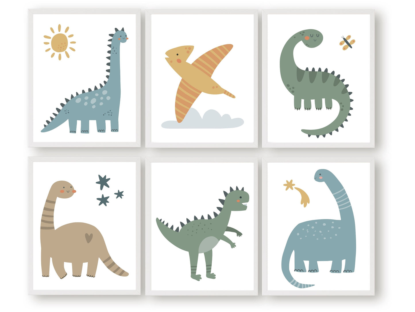 Our Set of 6 Dinosaur Nursery Prints features delightful dinosaurs with celestial elements including the sun and shooting stars - the perfect addition to any dinosaur lovers nursery decor! Each print showcases a different prehistoric creature in a calming colour scheme, and is perfect for your dinosaur nursery decor.