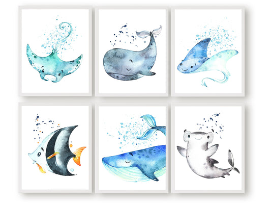 Our Ocean Animals Nursery Prints Set of 6 featuring watercolour sea animals with watercolour splashes, will spark their imagination and is the perfect addition to your ocean themed nursery or sea themed nursery or playroom decor.