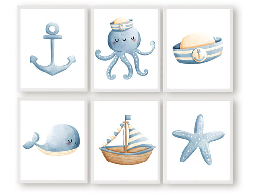 Our under The Sea Nursery Prints Set of 6 featuring watercolour sea animals and elements in a calming baby blue colour palette will spark their imagination and is the perfect addition to your nautical nursery decor or ocean theme nursery.