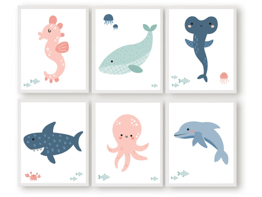 Our Set of 6 Sea Animals Ocean Nursery Prints will spark their imagination and is the perfect addition to your nautical nursery decor or ocean theme nursery. It also makes a unique baby shower gift.