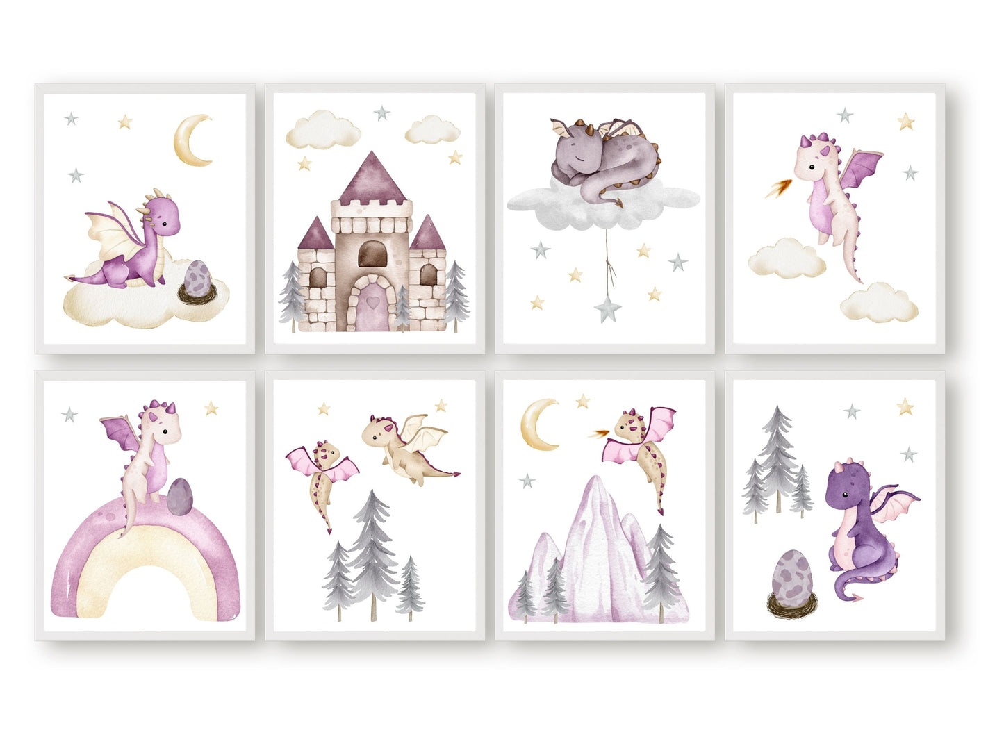 Ignite your little one's imagination with this enchanting Girls Baby Dragon Nursery Prints Set of 8, showcasing adorable baby dragons soaring through a star-filled sky, surrounded by clouds, a radiant moon, and a majestic castle and forest in a delightful purple and grey gender neutral colour palette.