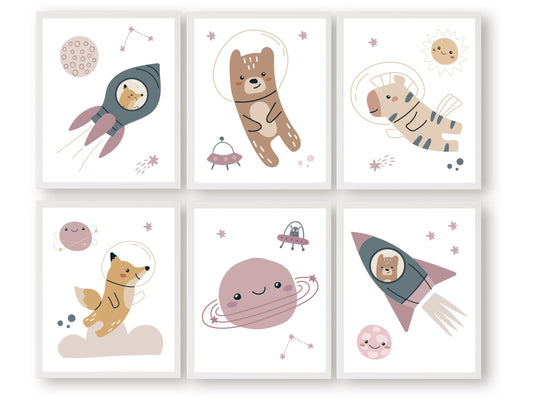 Transform your baby girls nursery decor into a realm of cosmic wonder with our enchanting Set of 6 Girls Pink Outer Space Nursery Prints featuring animal astronauts, moon, planets, stars, and spaceships, igniting creativity and fostering boundless imagination in your little one.