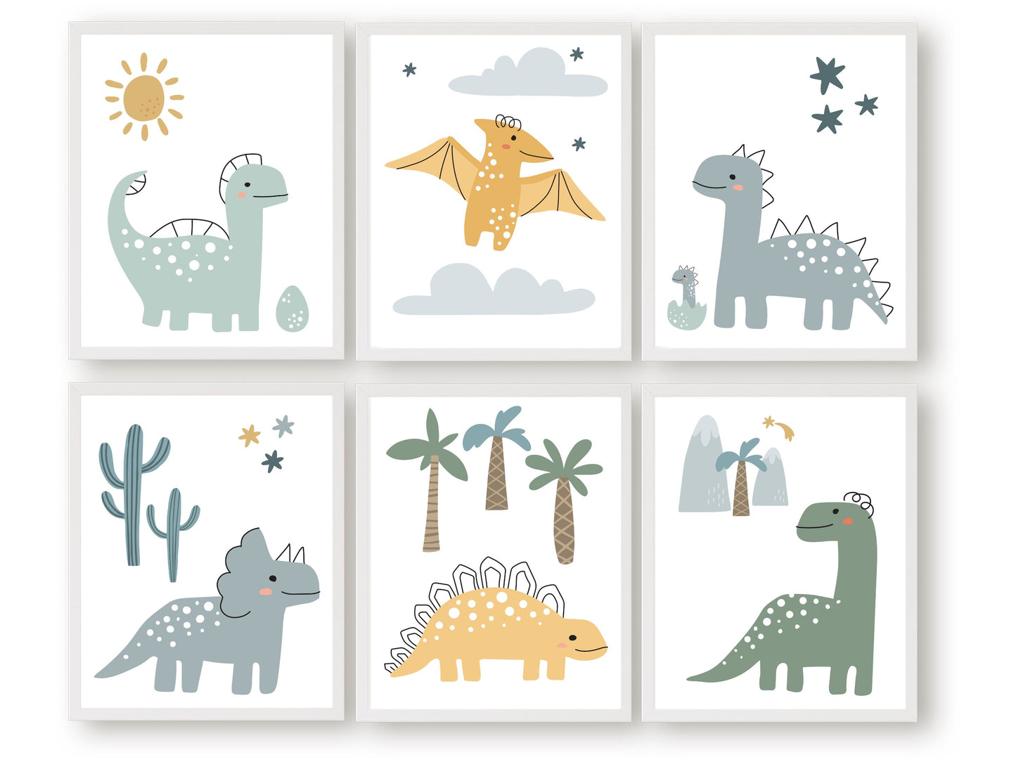 Our Set of 6 Dinosaur Nursery Prints features delightful dinosaurs with celestial elements, mountains and trees and is the perfect addition to any dinosaur lovers nursery decor!