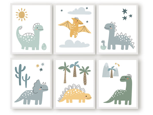 Our Set of 6 Dinosaur Nursery Prints features delightful dinosaurs with celestial elements, mountains and trees and is the perfect addition to any dinosaur lovers nursery decor!